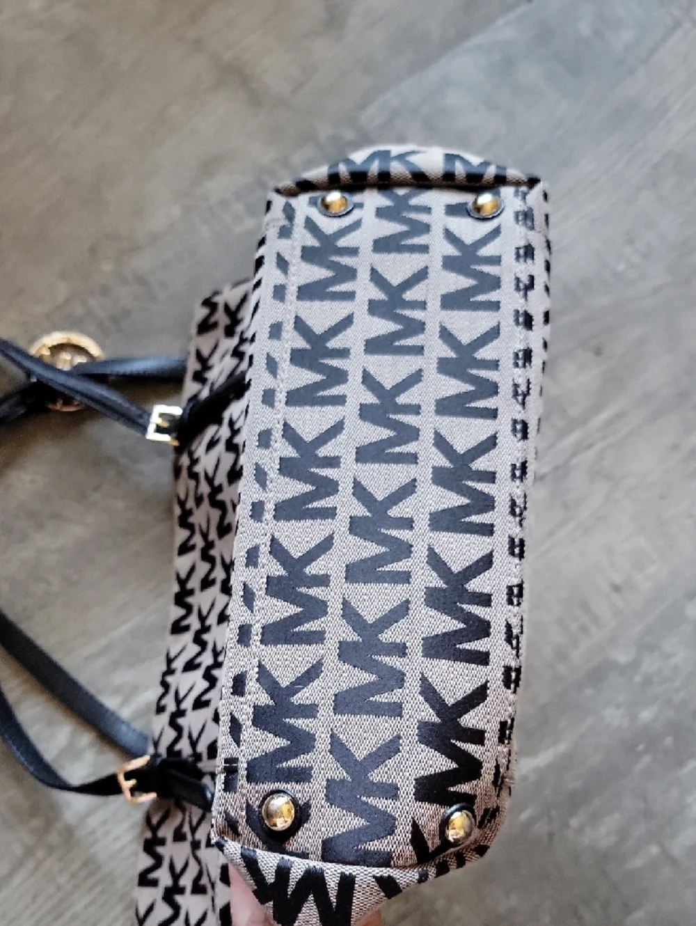 Michael Kors Beige and Black MK Logo Tote with Gold Charm